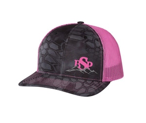 Backcountry Sled Patriots 112 Richardson Snap Back Trucker Cap Kryptek Typhon/Neon Pink logo left panel